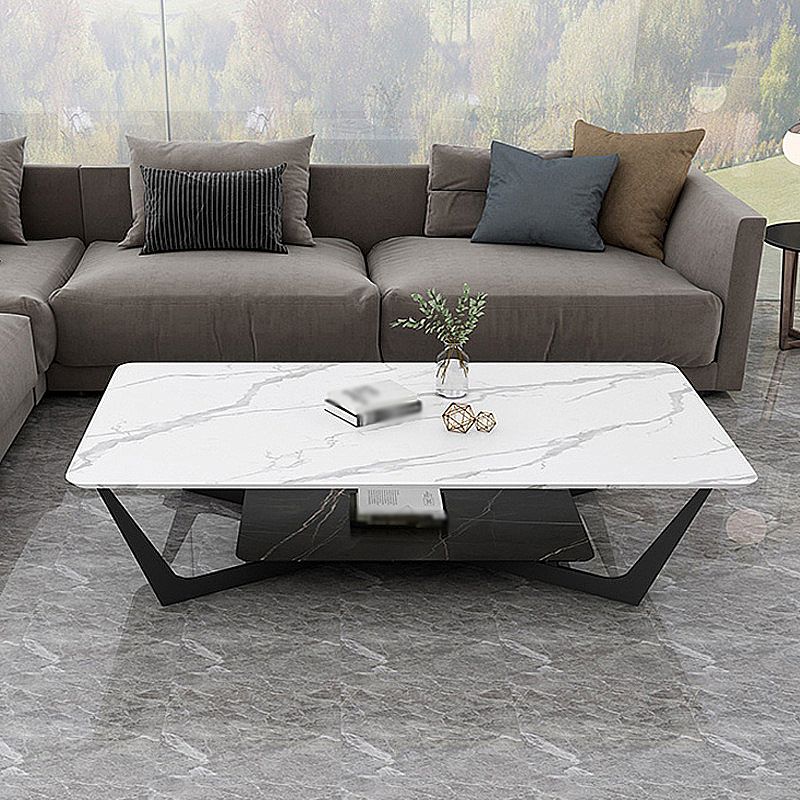 Modern White/grey Slate Top Rectangular Coffee Table with Metal Base
