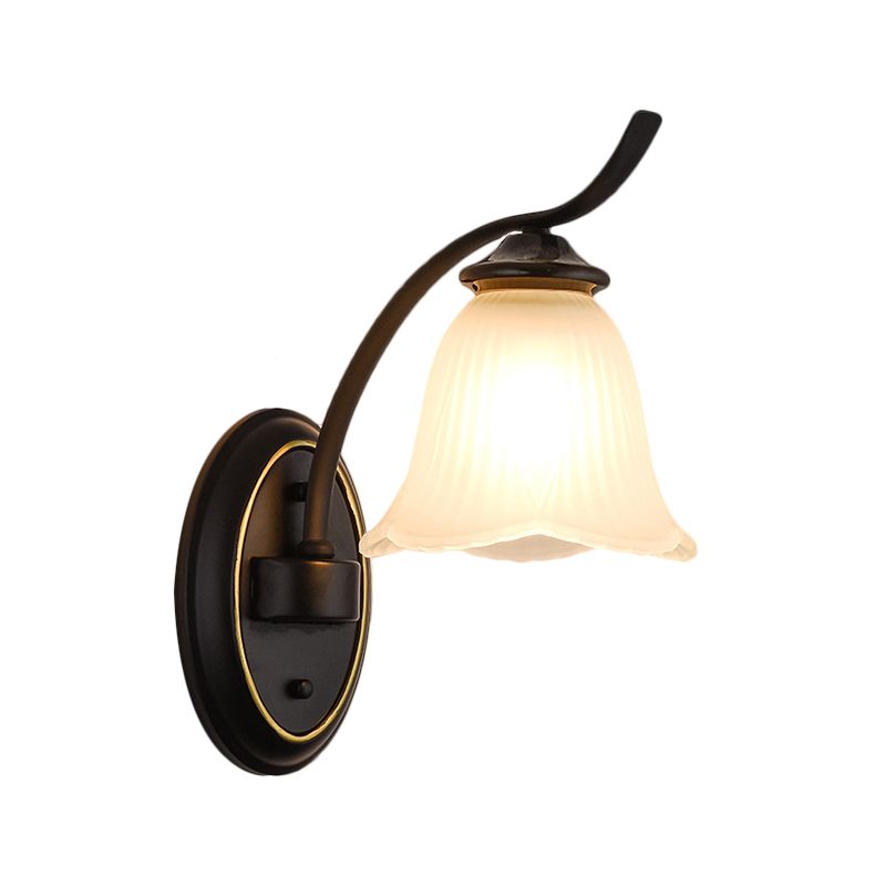 Single Head Sconce Light Countryside Flower Shape Cream Glass Wall Mounted Lamp in Black