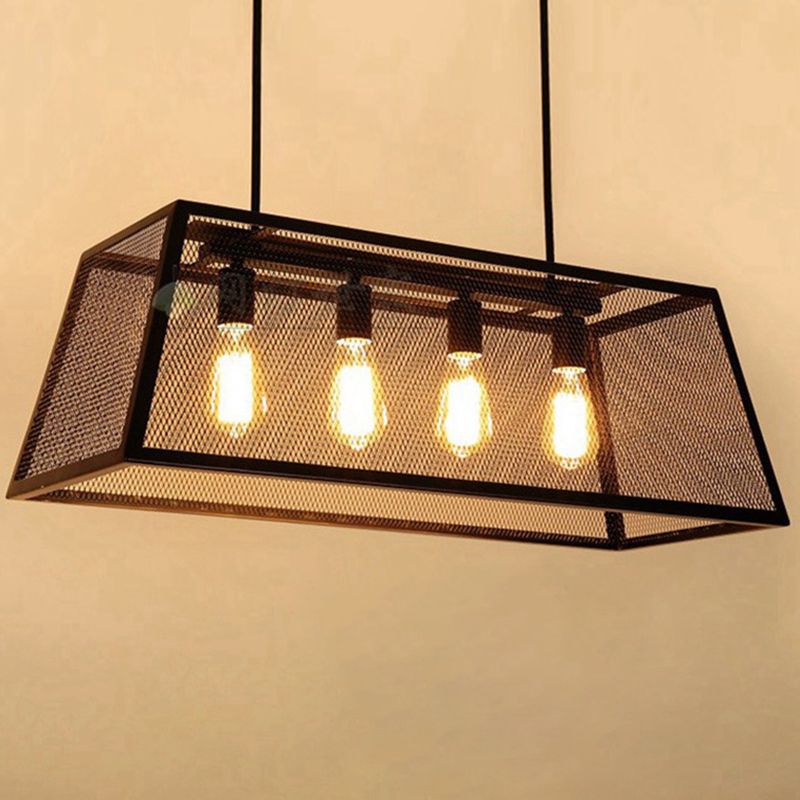 4 Light Rectangular Frame Island Lighting Industrial Black Metal Pendant Light Fixture with Chain/Downrods