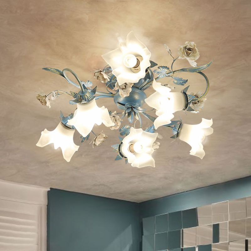 Verre d'opale florale Semi Flush Korean Garden 6/8 HEAD SOIR LEVIL LECLUATION PLADIER PLACE en bleu