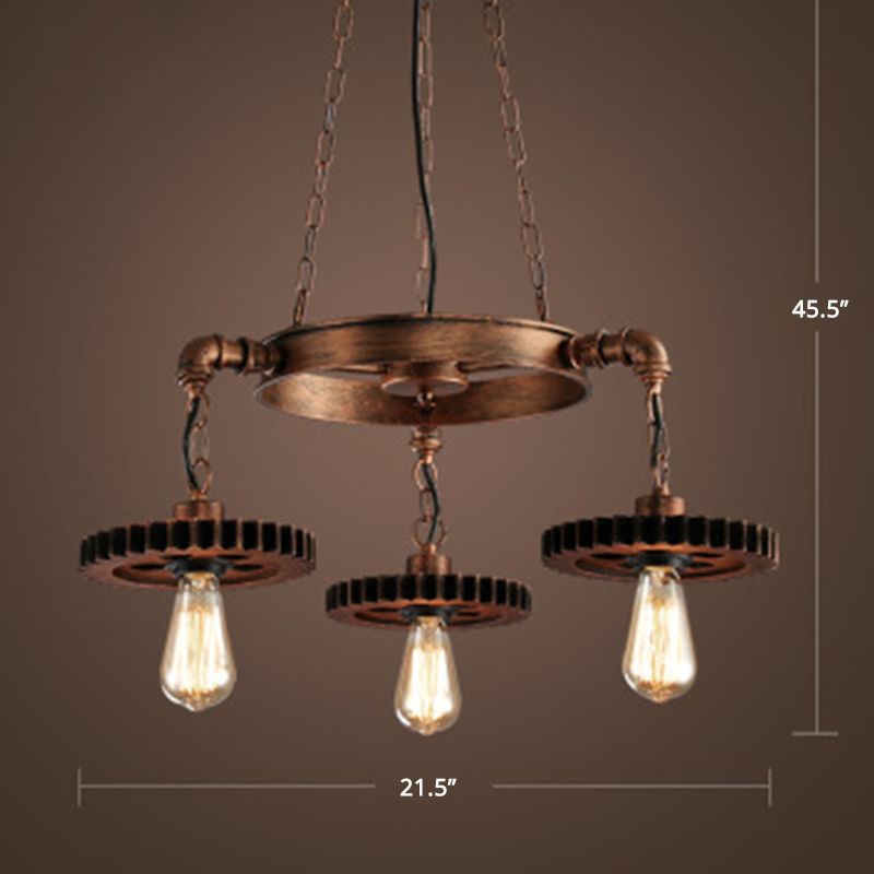 Bronze Finish Chandelier Factory Style Iron Bare Bulb Suspension Light with Gear and Wheel Deco