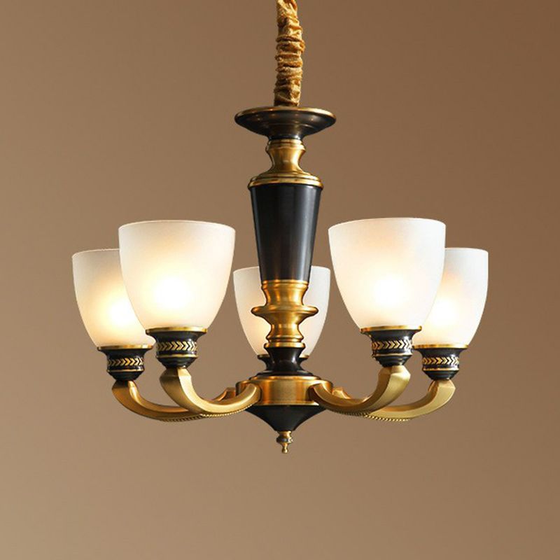 Black-Bronze Hanging Ceiling Light Traditional Frosted Glass Bell Chandelier for Living Room