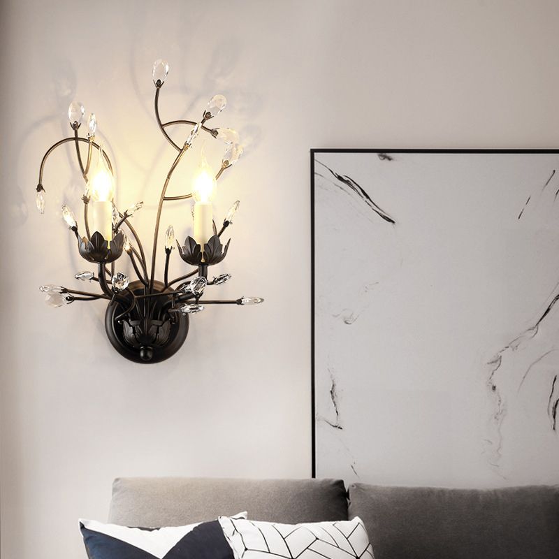 Idee di illuminazione da parete di candele classiche 2 teste lampada montata a parete metallica in nero con accento di cristallo