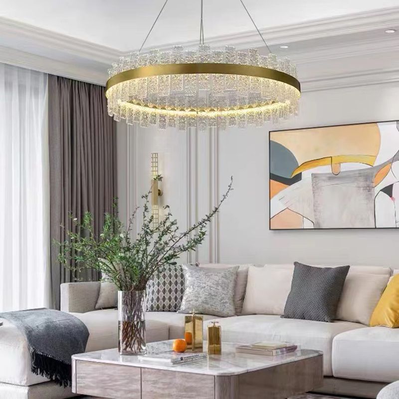 Light Luxury Style LED Pendant Chandelier Circular Glass Chandelier Lamp for Living Room
