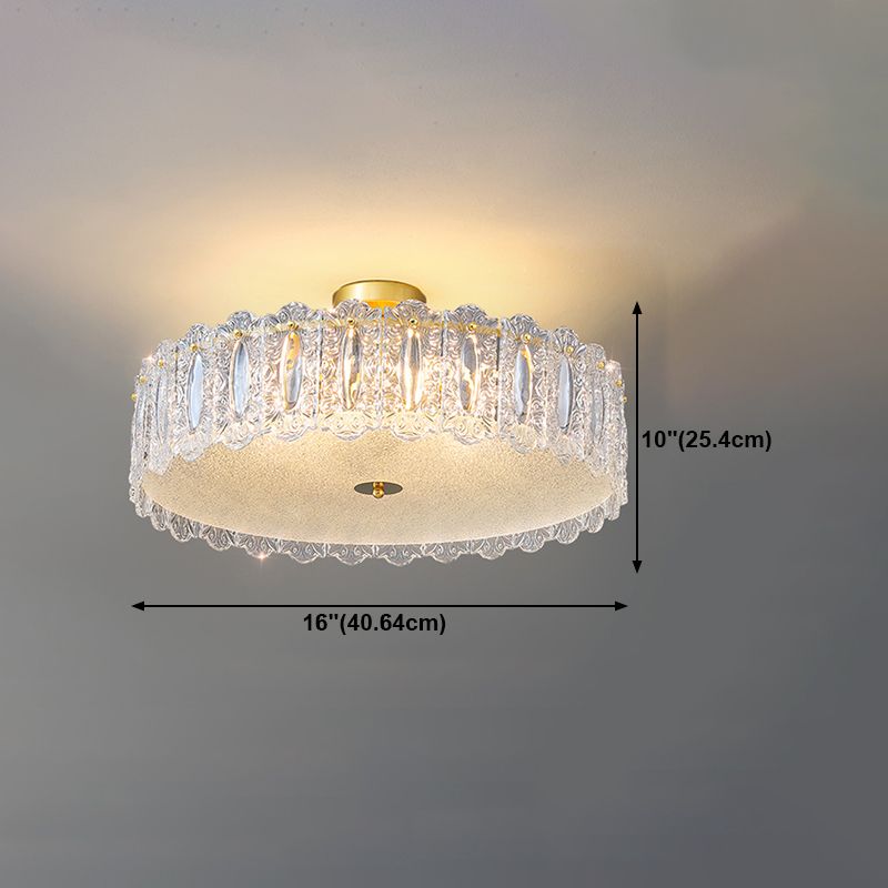 Glass Drum Shape Ceiling Flush Mount Light Modern Style Gold Ceiling Mount Light Fixture