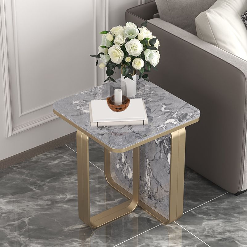 Modern Rectangular Stone Side End Table with Metal Abstract Leg