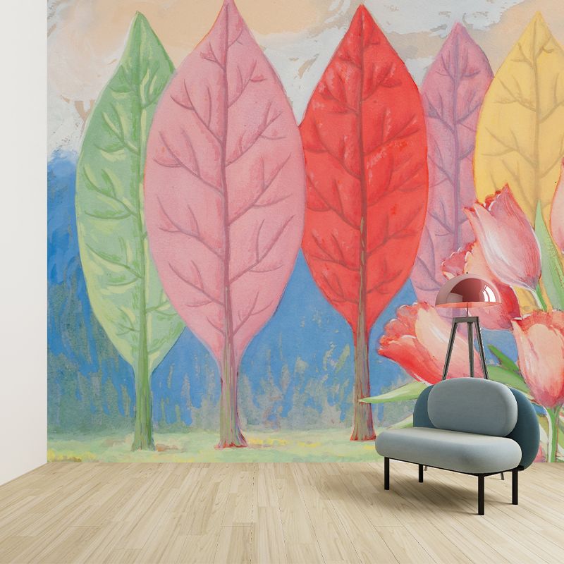 Leaf Tree and Tulip Murals Decal Multicolored Surrealism Wall Art for Living Room