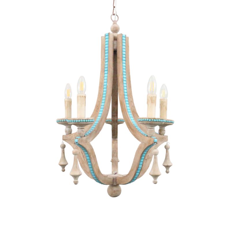 Chandelier de lustre en bois rustique 5 têtes Kit de lampe suspendue beige pour le salon