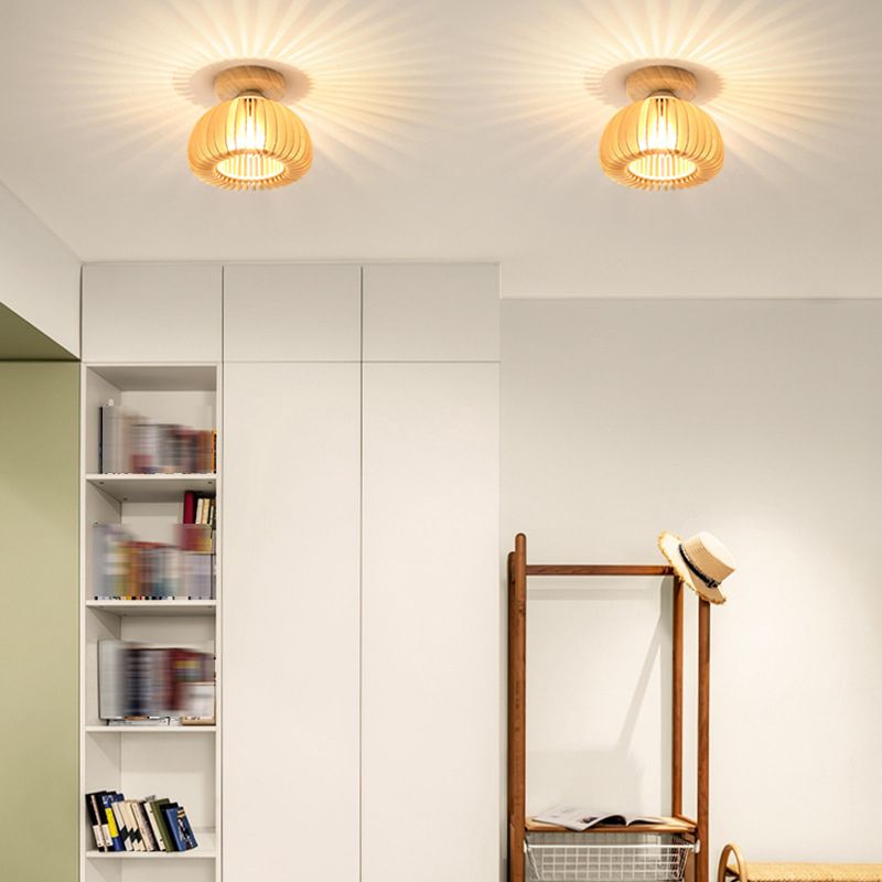 1-Light Ceiling Light Modern Ceiling Mount Light with Wood Shade for Aisle