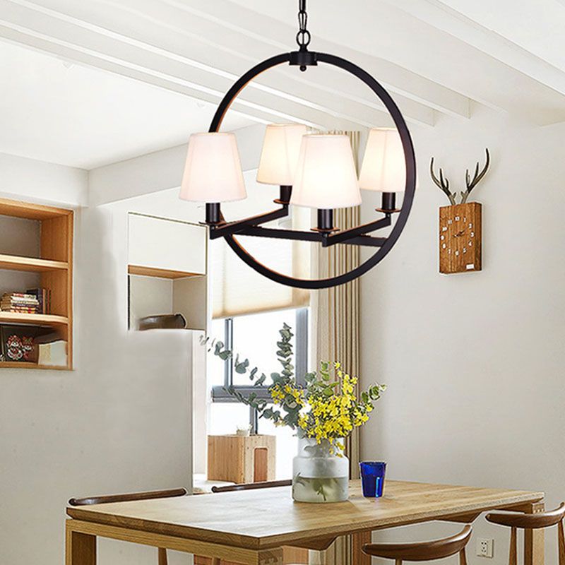 4 Lights Fabric Chandelier Light Traditional White/Flaxen Cone Dining Room Hanging Light with Black Ring Frame