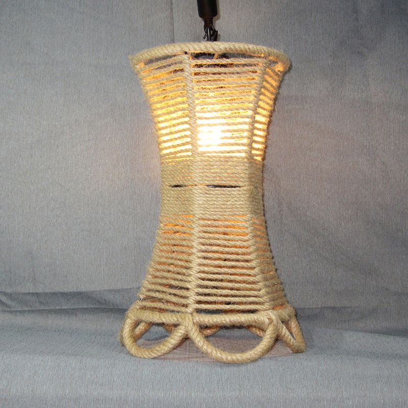 Beige 1 Bulb Hanging Light Rustic Natural Rope Flared Pendant Light Fixture with Artificial Ivy