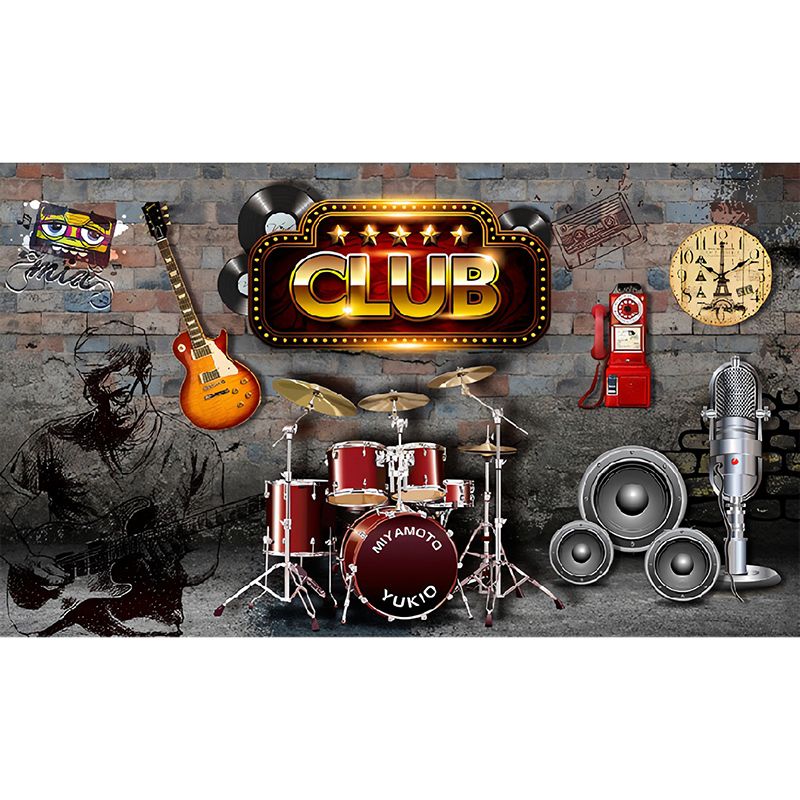 Retro 3D Guitar Mural Wallpaper for Coffee Shop and Bar, Grey and Brown, Made to Measure