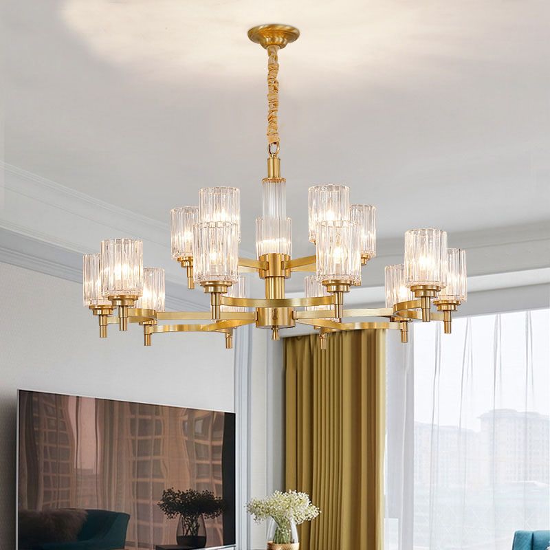 Prismatic Crystal Glass Brass Chandelier Cylindrical Minimalistic Suspension Light Fixture for Restaurant