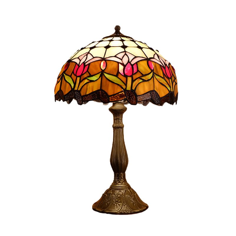 Domed Nightstand Light 1-Bulb Stained Art Glass Baroque Blossom Patterned Night Lighting in Red/Beige/Green