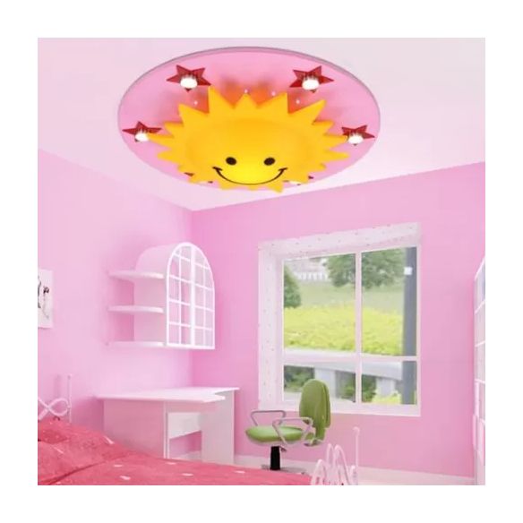 Cartoon Smiling Sun Flush Ceiling Light Wood Ceiling Mount Light in Yellow for Game Room