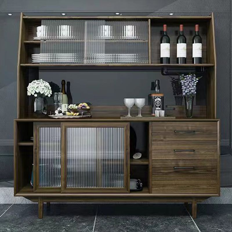 Pine Wood Buffet Table 3 Drawer 4 Glass Doors Simple Style Cupboard for Kitchen