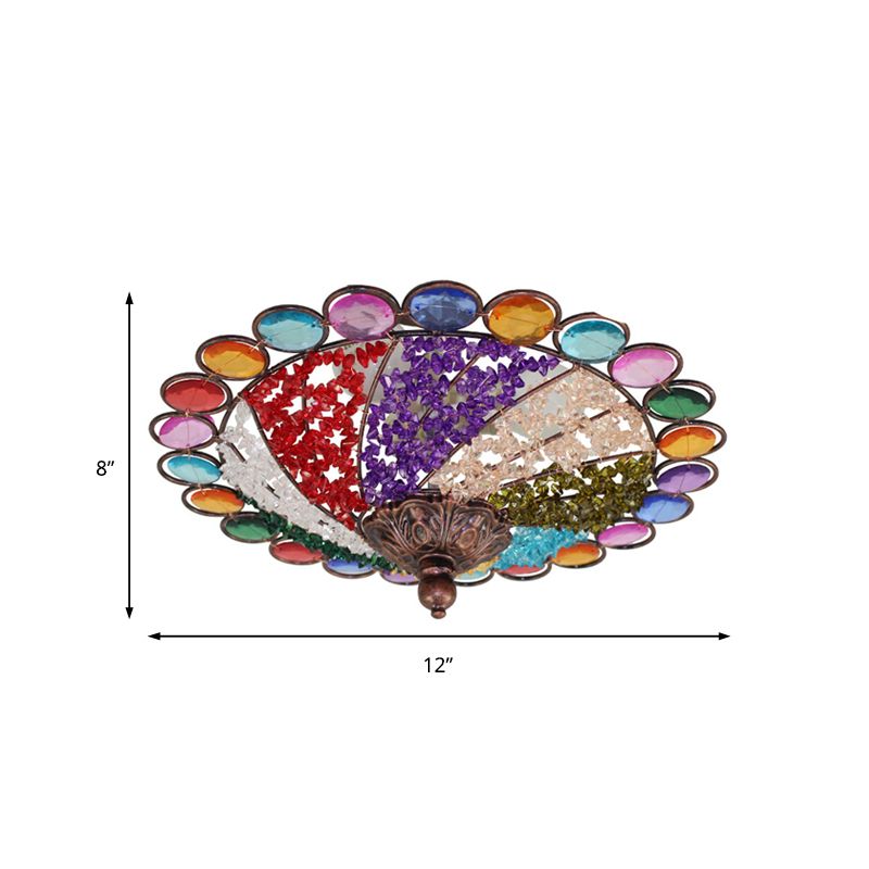 Plafonnier évasé colonial de 12 "/ 16" de large, plafonnier en plexiglas multicolore à 3 lumières en cuivre patiné