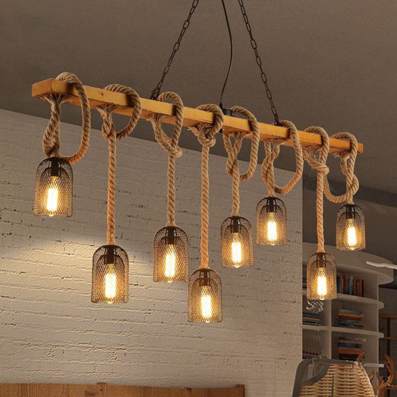 Metallic Elongated Dome Hanging Lamp Antique Restaurant Island Chandelier Light with Hemp Rope in Wood