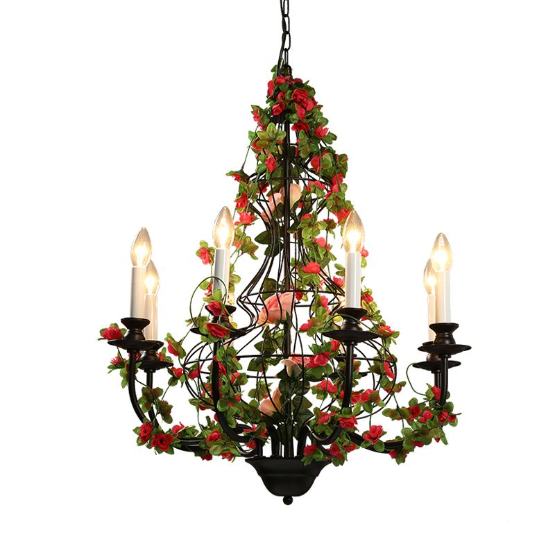 Candlestick Metal Chandelier Light Industrial 8 Heads Restaurant LED Down Lighting in Black with Flower Decor