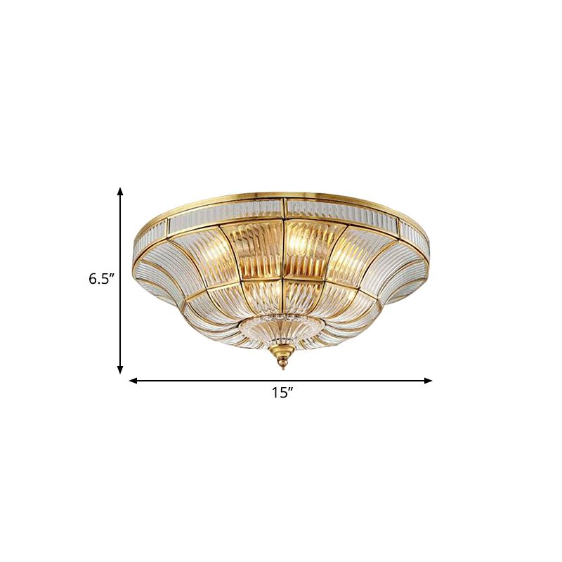 Simplistic Dome Flushmount Lighting 3/6 Heads Clear Ribbed Glass Ceiling Flush Mount in Brass for Living Room, 15"/21" Wide