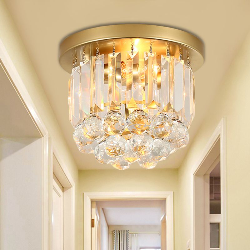 Postmodern Drum Ceiling Light Metal 2 Lights Corridor Flush Mount Light with Crystal Shade