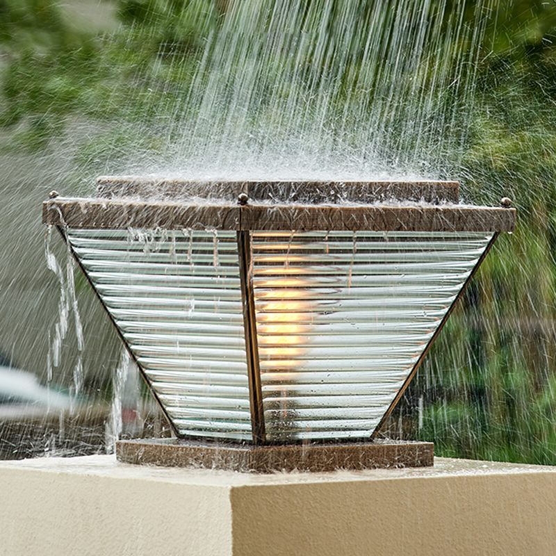 1-Light Solar Energy Pillar Lamp Brass Outdoor Light with Glass Shade for Garden