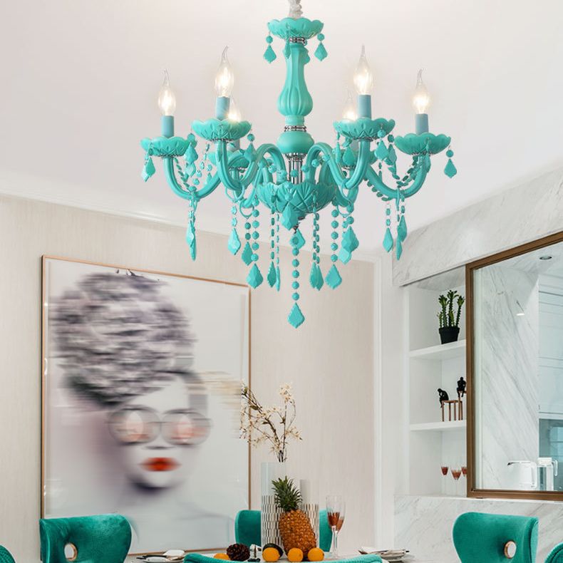 Multi Light Candle Branch Hanging Pendant Modern Style Crystal Hanging Lighting in Green