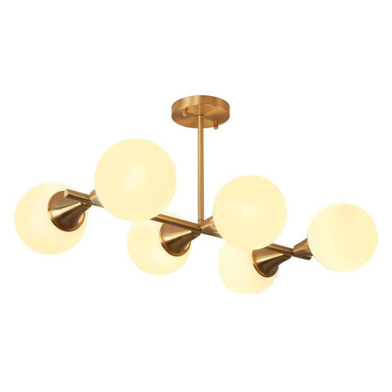 Brass Finish Linear Island Light Postmodernism 6-Light Metal Hanging Pendant with Ball Glass Shade
