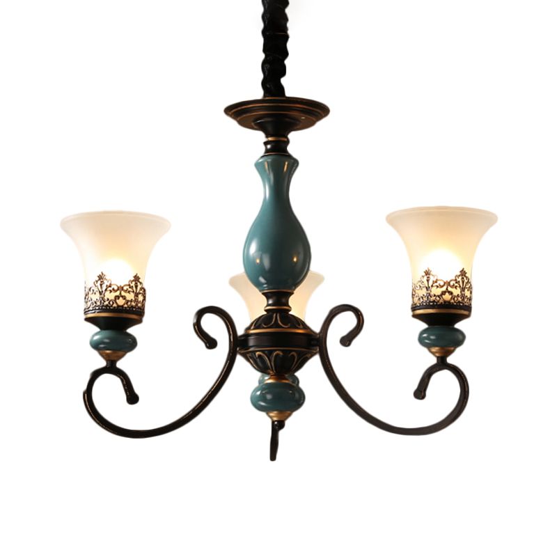 Rustic Style Bell Shade Hanging Pendant Light Milky Glass 3/5/6-Head Chandelier Lighting in Blue