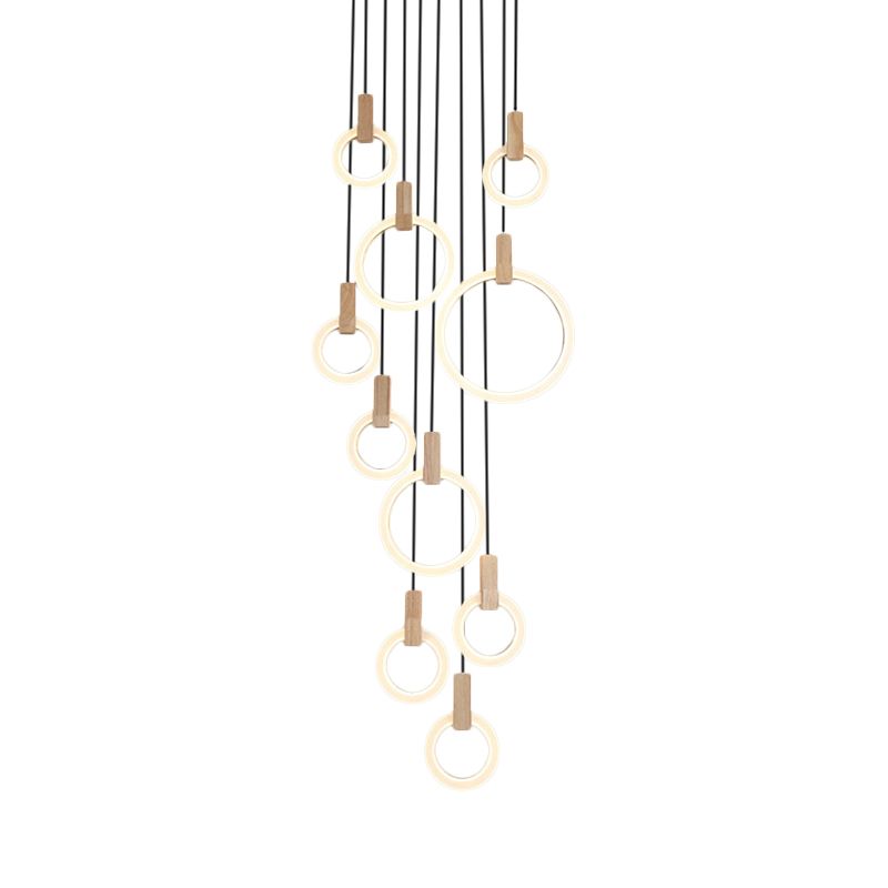 Rings Acrylic Cluster Pendant Light Simple 10 Heads Living Room Hanging Ceiling Lamp in White, Round/Linear Canopy