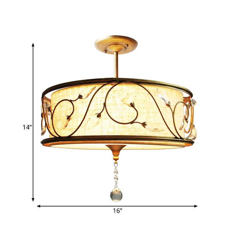 14 "/16" Dia Golden 3-Light Semi Flush Lamp Traditioneel metalen ronde plafondlicht met kristalelement
