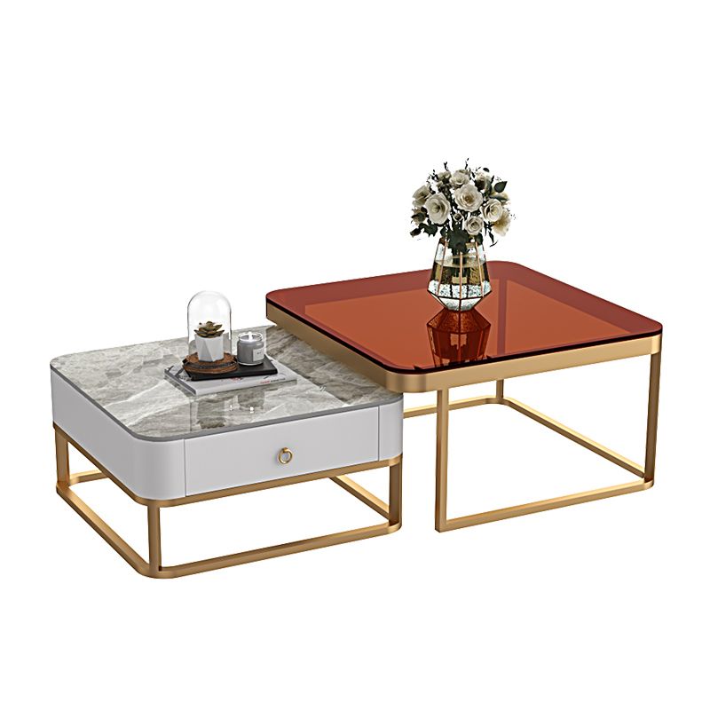 Glam Frame Coffee Table Slate/Glass Top Coffee Cocktail Table with Drawers