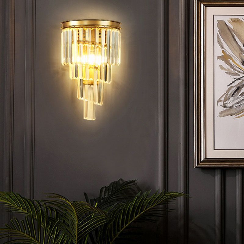 Modern Tiered Sconce Light Fixture Crystal Block 2-Lights Wall Mounted Lights in Gold and Black