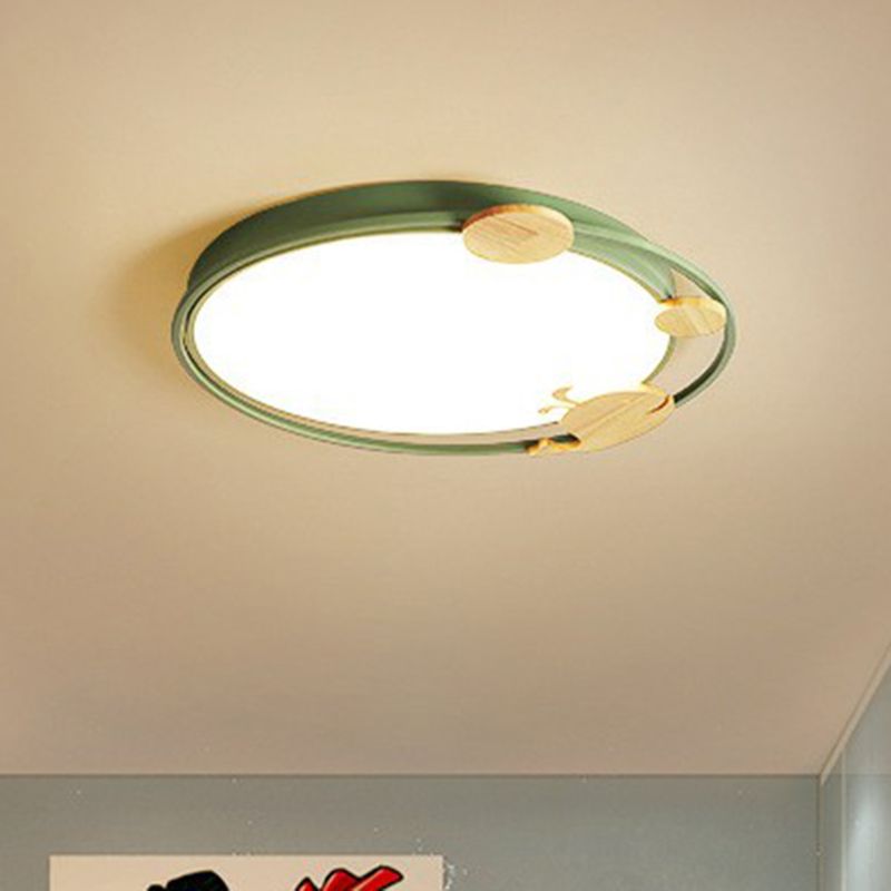 Circular Flush Mount Lighting Cartoon Metallic Kids Bedroom LED Flush Mount Fixture with Wooden Decor