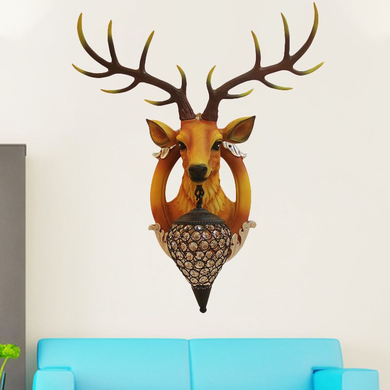 Brown Faux Deer Head Sconce Lamp Farmhouse Resin 16"/21" Wide 1 Bulb Living Room Wall Mounted Light with Drop Crystal Shade