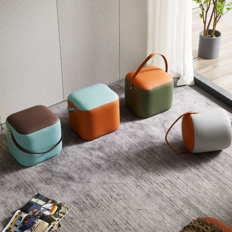 Contemporary Pouf Ottoman Genuine Leather Upholstered Portable Ottoman