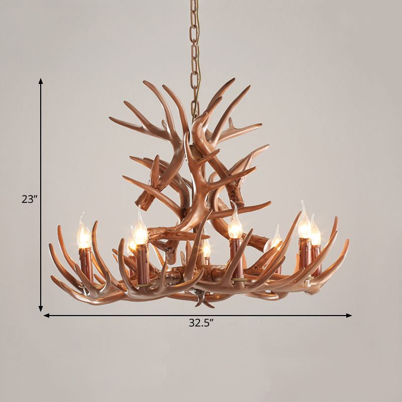 9 Heads Antler Plafond Chandelier Farmhouse Resin Brown Resin Éclairage en suspension pour restaurant, 23 "/ 27" de large