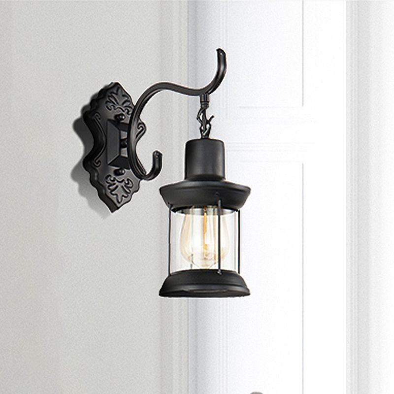 Lantern Clear Glass Wall Mounted Lamp Vintage Single Bulb Outdoor Sconce Light in Black with Carved Pattern
