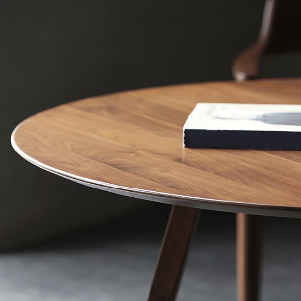 Round Modern Dining Table Brown Solid Wood Table with Double Pedestal Base