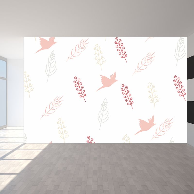 Peinture murale contemporaine géante en décoration murale d’oiseaux et de plumes de couleur claire, imprimée sur mesure
