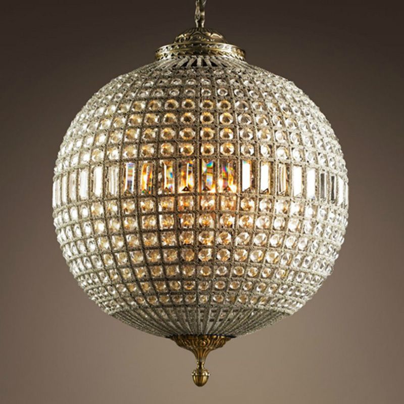 Brass Finish Globe Pendant Lighting Fixture Simple Style Crystal Chandelier for Bedroom