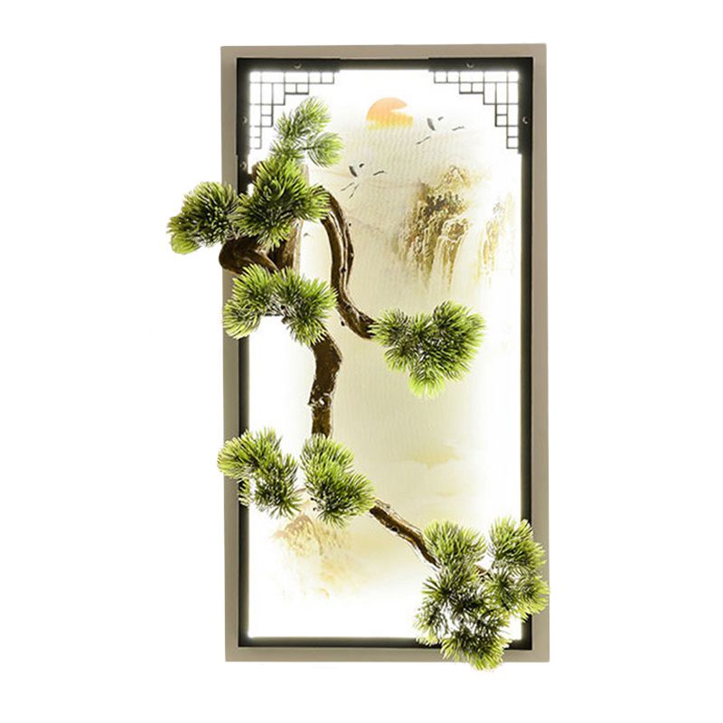 Chinese Landscape Iron Mural Sconce Light LED Flush Mount with Pine Tree Decor in Green