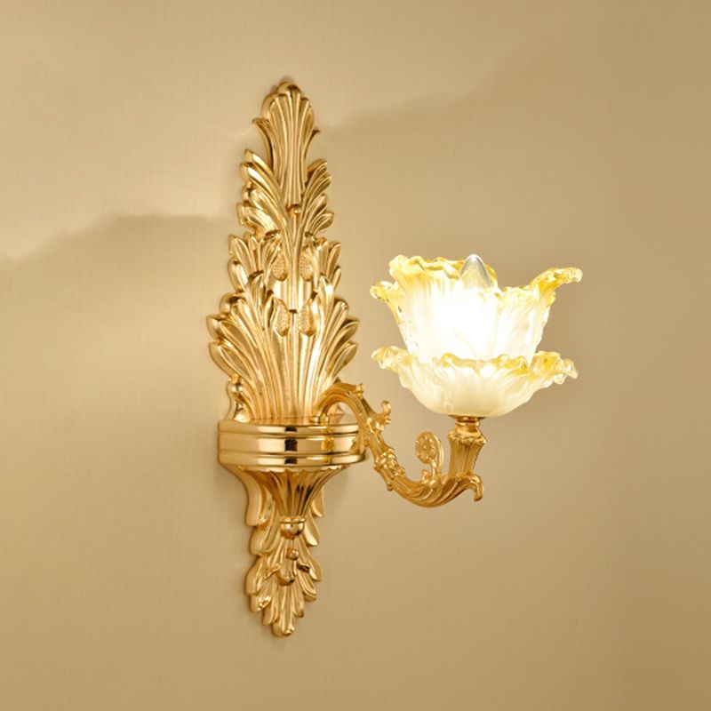 Gold Floral Wall Light Fixture Vintage Glass Living Room Wall Mounted Lamp with Crystal Accent