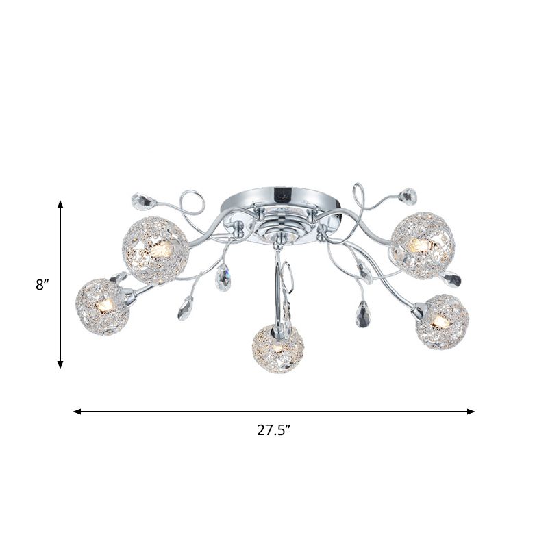 5 Lights Living Room Semi Mount Lighting Contemporary Chrome LED Flush Lamp Fixture with Ball Metal Mesh Shade