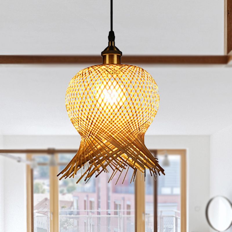 Quallenform handgewebte Bambushänge-Lampe Asian 1-Licht beige Anhänger Licht für das Restaurant