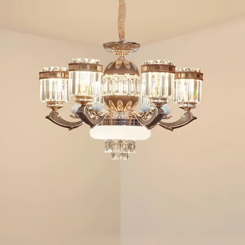 6/8 Lights Chandelier Pendant Light Modern Living Room Ceiling Hang Fixture with Cylinder Crystal Block Shade in Gold