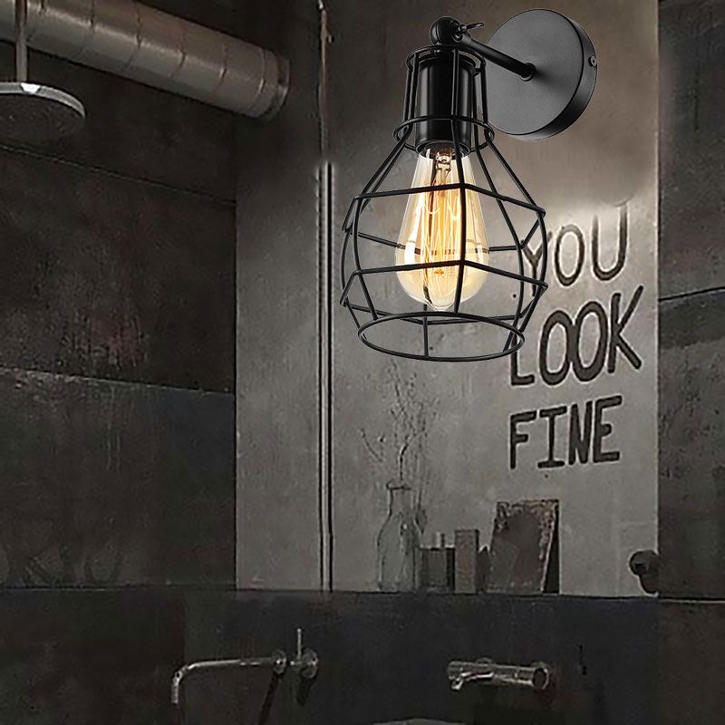 Black Barrel/Flared Cage Wall Sconce Industrial Style Metal 1 Head Living Room Rotatable Wall Mount Light