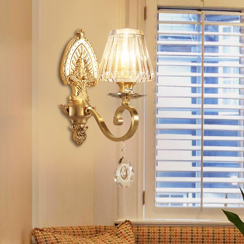 Gold Tapered Flush Mount Wall Sconce Mid-Century 1 Light Crystal Wall Light Fixture for Living Room