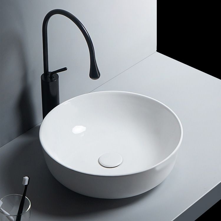 Modern Bathroom Sink Porcelain Round Vessel Lavatory Sink with Pop-Up Drain