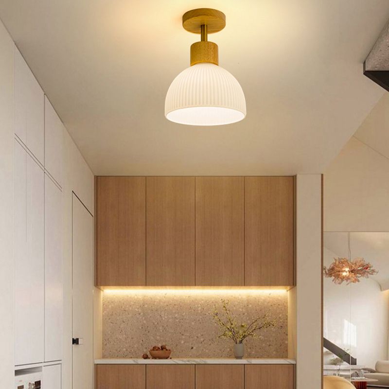Modern Ceiling Lamp Wooden Flush Mount Light Fixture with Glass Shade for Bedroom
